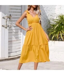 Large Swing Suspenders Sleeveless Solid Color Low Cut Dress Wholesale Dresses N4623041000161