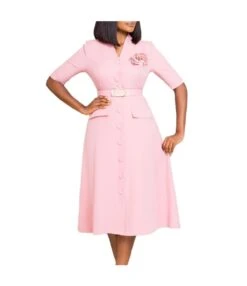 Elegant Solid Color V-Neck Button Down Dress With Belt And Corsage Wholesale Dresses N5923080800064