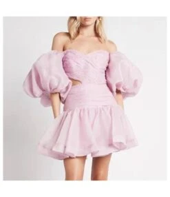 Bubble Sleeve Pleated Off Shoulder Short Tight Hollow A-Line Dress Wholesale Dresses N5323032300032