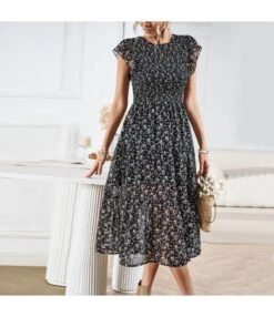 Round Neck Pleated Flying Sleeve Floral Temperament Elegant Dress Wholesale Dresses N4623062800004