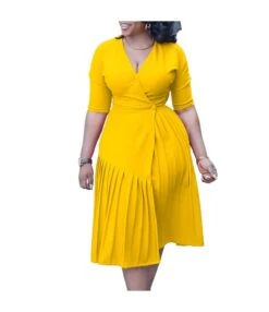 Fashion V-Neck Waist Pleated Mid-Length Dress Wholesale Dresses N5923080800096