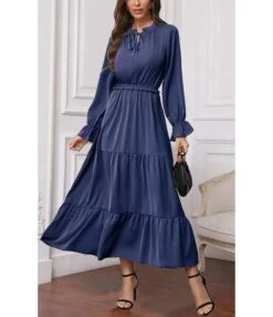 Solid Color Long Sleeve Lace-Up Collar Long Smocked Flowy Dress Wholesale Dresses N5323032300048 -OTIS Clothing Shop O1CN01m60QUt2EaajFA53I6 2206894468761 0 cib 5