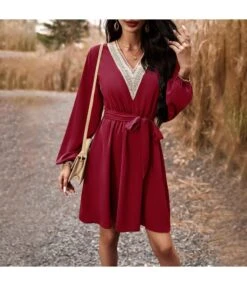 Elegant V-Neck Long Sleeve High Waist Tie Dress Wholesale Dresses N5923082200011 -OTIS Clothing Shop O1CN01nT0F8g1ND4pWf3Ut0 2425141535 0 cib 4