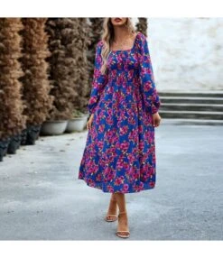 Pleated Wood Ear Side Printed One Word Collar Square Neck Dress Wholesale Dresses N4623071700096 -OTIS Clothing Shop O1CN01o6S8jb1ND4ohdi1WN 2425141535 0 cib 4