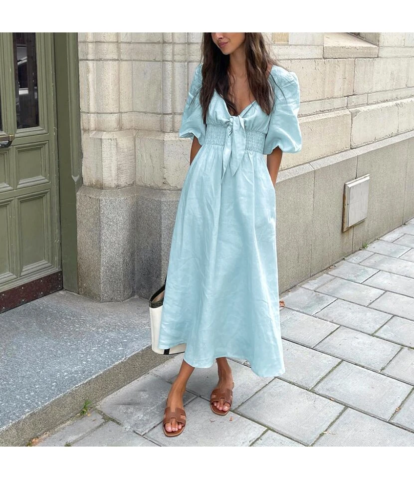 A-Line V-Neck Temperament Solid Color Puff Sleeve Dress Wholesale Dresses N462303280016499 4 A-Line V-Neck Temperament Solid Color Puff Sleeve Dress Wholesale Dresses N462303280016499 - Image 2