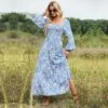 Square Collar Printed Long Sleeve Vacation Backless Swing Dress Wholesale Maxi Dresses N5323021600029