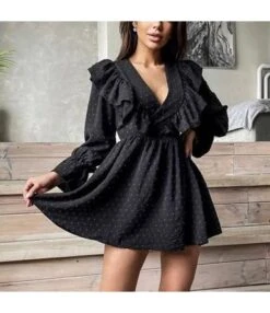 Commuter Ruffled V-Neck Puff Sleeve Solid Color A-Line Dress Wholesale Dresses N463423021400186 -OTIS Clothing Shop O1CN01zcnGDX2GztpQByKkd 2212501819087 0 cib 3