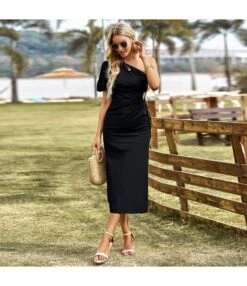 Puff Sleeve Solid Color Slit Hollow Pleated Slant Shoulder Dress Wholesale Dresses N463423032300203 -OTIS Clothing Shop O1CN01zhfoDJ1ND4mW8cDHX 2425141535 0 cib 4