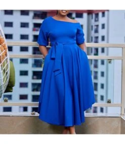 Off-Shoulder Solid Color Short-Sleeved Irregular Dress Wholesale Dresses N4623050300070