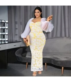 See-Through Round Neck Bubble Sleeve Lace One-Step Dress Wholesale Dresses V5923050600032