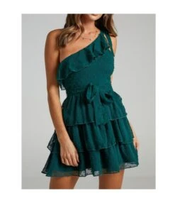 Solid Color Slanted Shoulder Lace-Up Flocking Smocked Cake Mini Dress Sexy Wholesale Dresses Chiffon SD531344