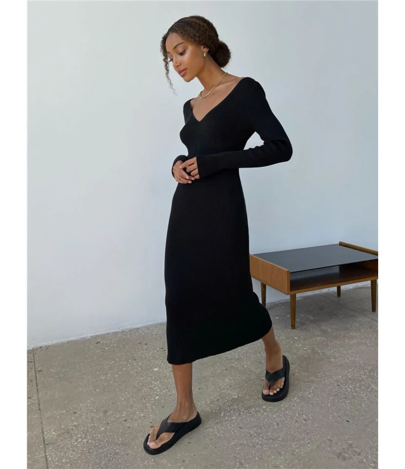Knitted Long Sleeve Deep V Slim Solid Color Midi Dress Wholesale Dresses SDV463847 11 Knitted Long Sleeve Deep V Slim Solid Color Midi Dress Wholesale Dresses SDV463847 - Image 9