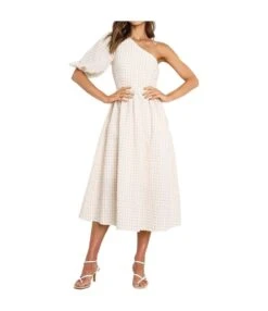 Sexy Sloping Shoulder Plaid Dress Elegan High Waist Midi Wholesale Dresses SDN560143