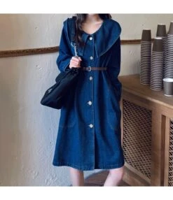 Wholesale Navy Collar Denim Dress With Belt SD181156