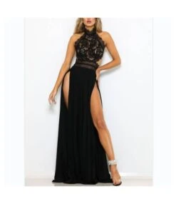 Sexy Sleeveless Nude Back High Slit Sheer Lace Dress Wholesale Maxi Dresses SDN535413