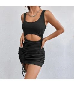 Sexy Hollow Drawstring Mini Dress Square Neck Solid Color Sleeveless Bodycon Wholesale Dresses SDN560569