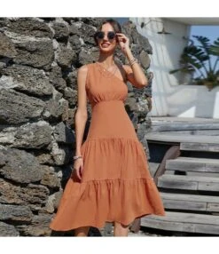 Fashion Solid Color High Waist Slanted Shoulder Smocked Dress Midi Casual Wholesale Dresses SD168401 -OTIS Clothing Shop a6da3720 7b65 417c 835f 18dc67746880 413ed1bed25bbba321f06936a3ae9fde