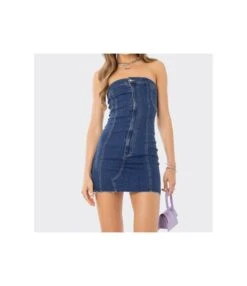 Sexy Off-Shoulder Sleeveless Denim Dress Button-Zip Bodycon Wholesale Dresses SDN561098