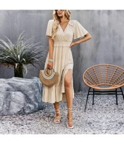 Casual Solid Color V-Neck Waist Open Dress Wholesale Dresses V5923041200009