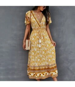 Floral Print V Neck Fringe Tie-Up Short Sleeve Resort Dress Wholesale Womens Boho Dresses SDN533139