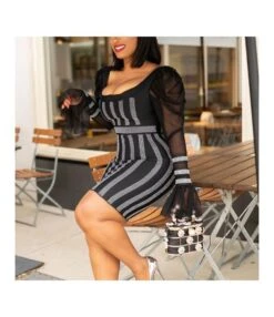 Stripe Mesh Puff Sleeve Low-Cut Rhinestone Design Dress SD030553 -OTIS Clothing Shop ad5ee2e8 a009 4476 ab07 2d7dec1deb18 6B2E05F9A5FF7152D096265FFAB86765