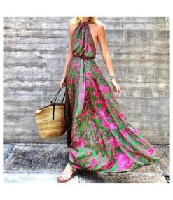 Floral Print Halterneck Off Shoulder Backless Large Swing Dress Resort Wholesale Maxi Dresses SDN533169
