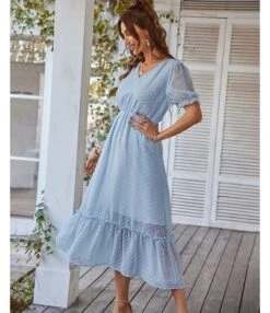Elegant V Neck Flocking Midi Dress Short Sleeve Solid Color High Waist Wholesale Dresses SDN560431 -OTIS Clothing Shop ae4d79ba 7110 4361 9636 82ee0b9809d3 9b236008167feb269083cd4e32ae8412