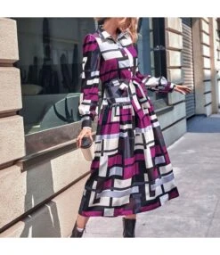 Button-Down Contrast Lapel Commuter Long-Sleeved Dress Wholesale Dresses SDV464564