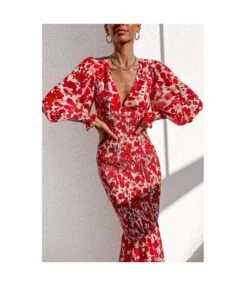 Floral Printed Deep-V Lantern Sleeves Elasticated Fishtail Skirt Style Bag Hip Dress Wholesale Dresses SDN532453