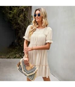 Solid Color Puff Sleeve Round Neck Loose Smocked Ruffled Dress Summer Casual Wholesale Dresses SDN533144