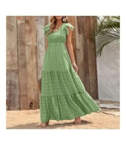 V Neck Ruffled Sleeve High Waist Vacation Smocked Floral Dress Wholesale Maxi Dresses SDN534610