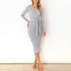 Long-Sleeve V-Neck Slim-Fit Tie Midi Bodycon Knit Dress Wholesale Dresses SDN537004