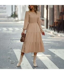 Casual High Waist Swing Midi Dress Long Sleeve Solid Color Wholesale Dresses SDN562290