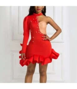 Xmas Wholesale Colorblock Single Shoulder Mini Dress SD161606