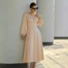 Elegant V-Neck Slim-Fit Lantern-Sleeved Midi Dress Wholesale Dresses SDV463851