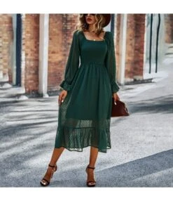 Solid Color Square Neck Long Sleeve Vintage Jacquard Dress Wholesale Dresses SDN537201