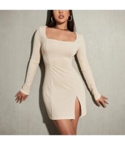 Sexy Square Neck Bodycon Mini Dress Long-Sleeved Solid Color Slit Wholesale Dresses SDN561548