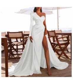 Satin Dress With Sloping Shoulder&Thigh Split Party Dress SD150065