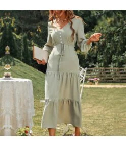 Casual Loose Long-Sleeved Peplum Lace-Up Midi Dress Wholesale Dresses SDN561500