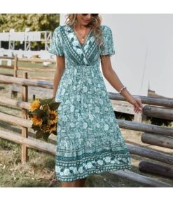 Floral Print V Neck Short Sleeve Tie-Up Waist Casual Resort Dresses Wholeslae Bohemian Dress For Women SDN533130