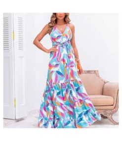 Printed Sling V Neck Backless Lace-Up Waist Smocked Dress Vacation Wholesale Maxi Dresses SDN533514