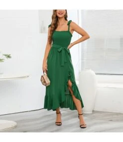 Sexy Slimming Wrapped Chest Strap Slit Ruffle Wrap Dress Wholesale Maxi Dresses N5323030300055