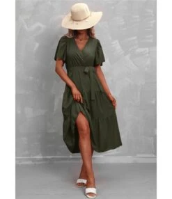 Solid Color V-Neck Short Sleeve Mid-Length Smocked Dress Casual Wholesale Dresses SDN533393 -OTIS Clothing Shop c4157597 f453 4798 8bff 6438336b300c 25df80e5a1bd62a1bbfa63a9c62e9472