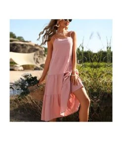 Backless Solid Color Midi Sling Dress Cotton And Linen Wholesale Dresses Ruffled Hem SD202724