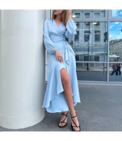 Satin Irregular Mermaid V Neck Elegant Solid Color Maxi Dress Wholesale Dresses SDV463839