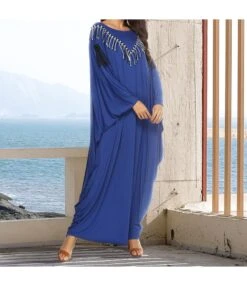 Tassel Bat Sleeves Wholesale Blue Dress SD160466