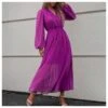 V-Neck High Waist Balloon Sleeve Casual Purple Swing Dress Wholesale Dresses SDN537340