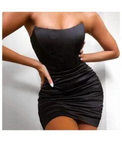Plain & Sequin Off Shoulder Sexy Wrap Chest Pleated Satin Corset Dress Wholesale Bodycon Dresses SDN533087