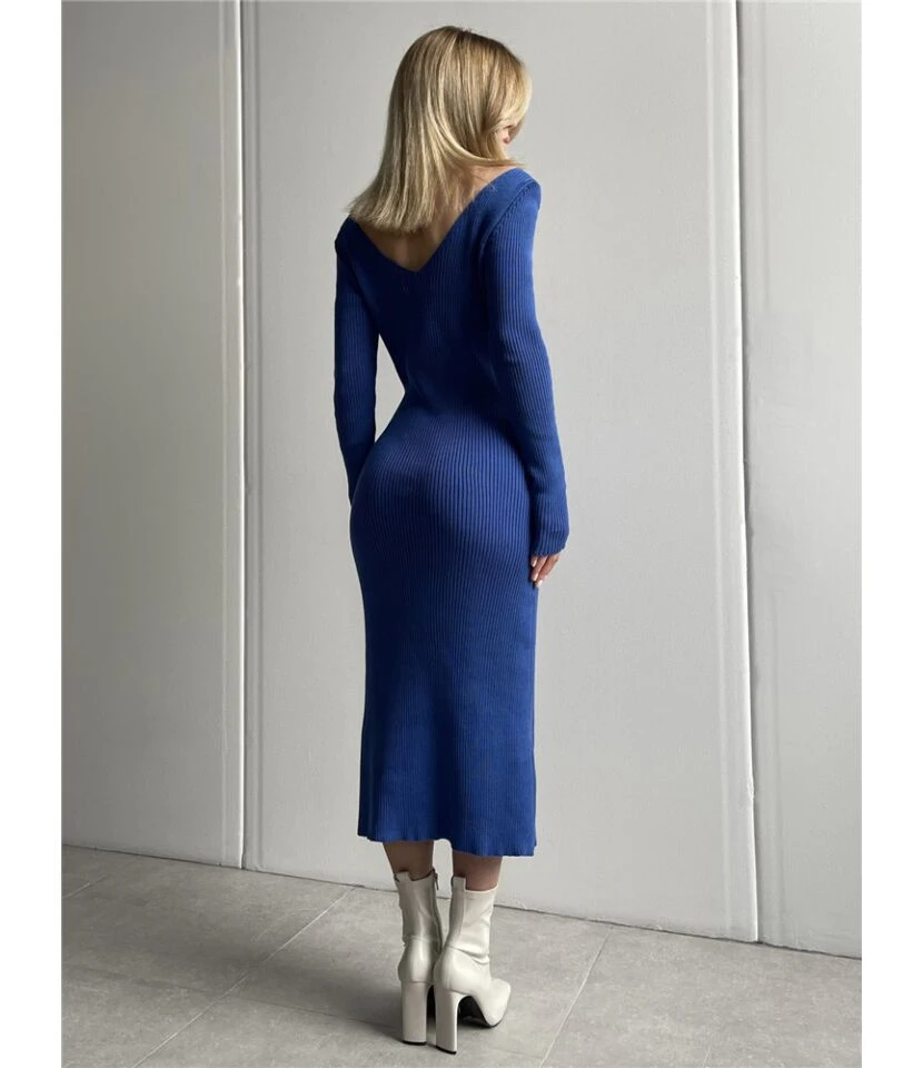 Knitted Long Sleeve Deep V Slim Solid Color Midi Dress Wholesale Dresses SDV463847 7 Knitted Long Sleeve Deep V Slim Solid Color Midi Dress Wholesale Dresses SDV463847 - Image 5