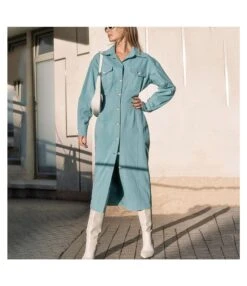 Pocket Button-Down Slim Fit Commuter Lapel Belt Shirt Dress Wholesale Dresses SDV463842